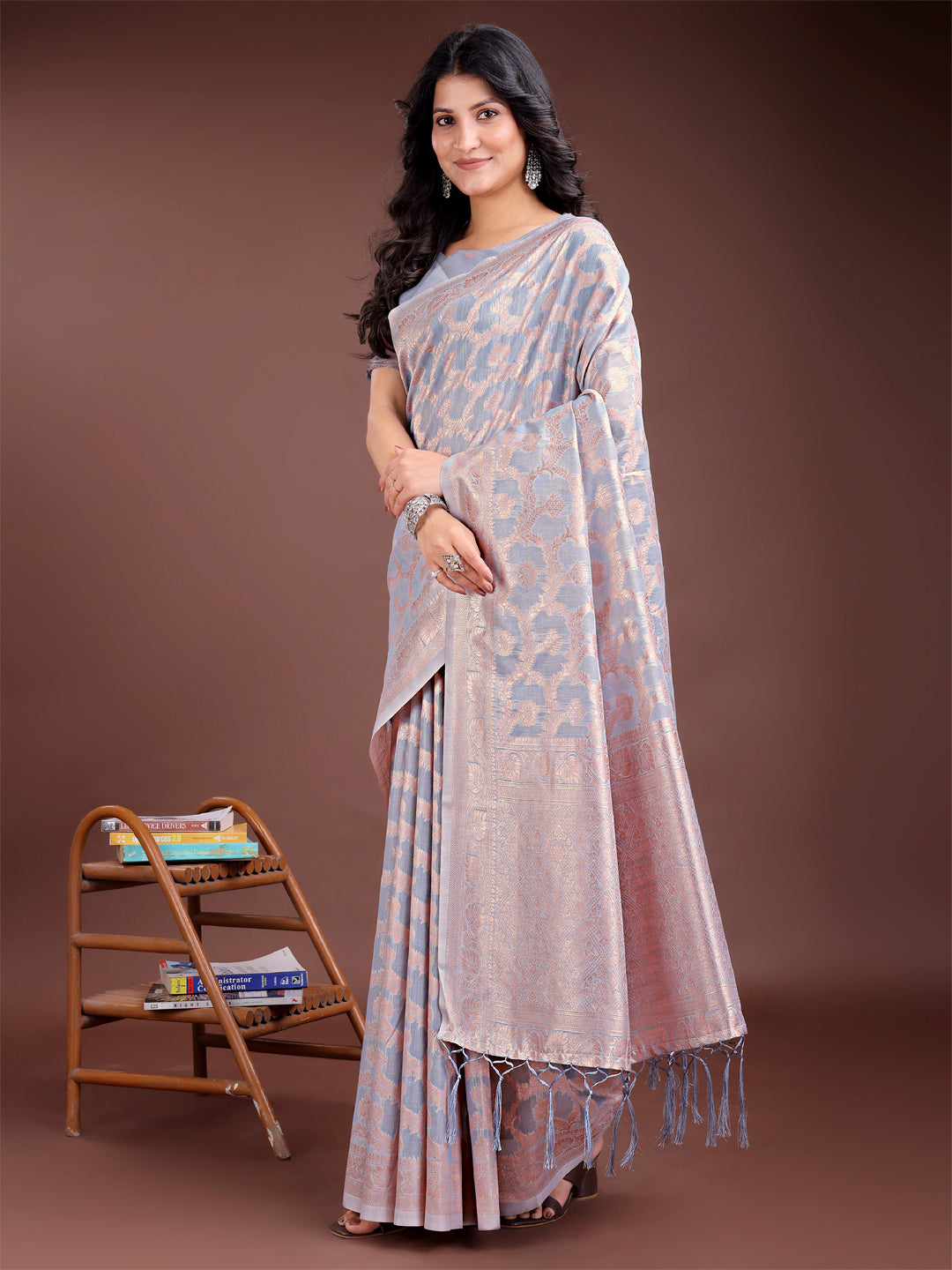 Shree Shyam Fashion Grey Linen Cotton Woven Zari Work Traditional Tassel Saree