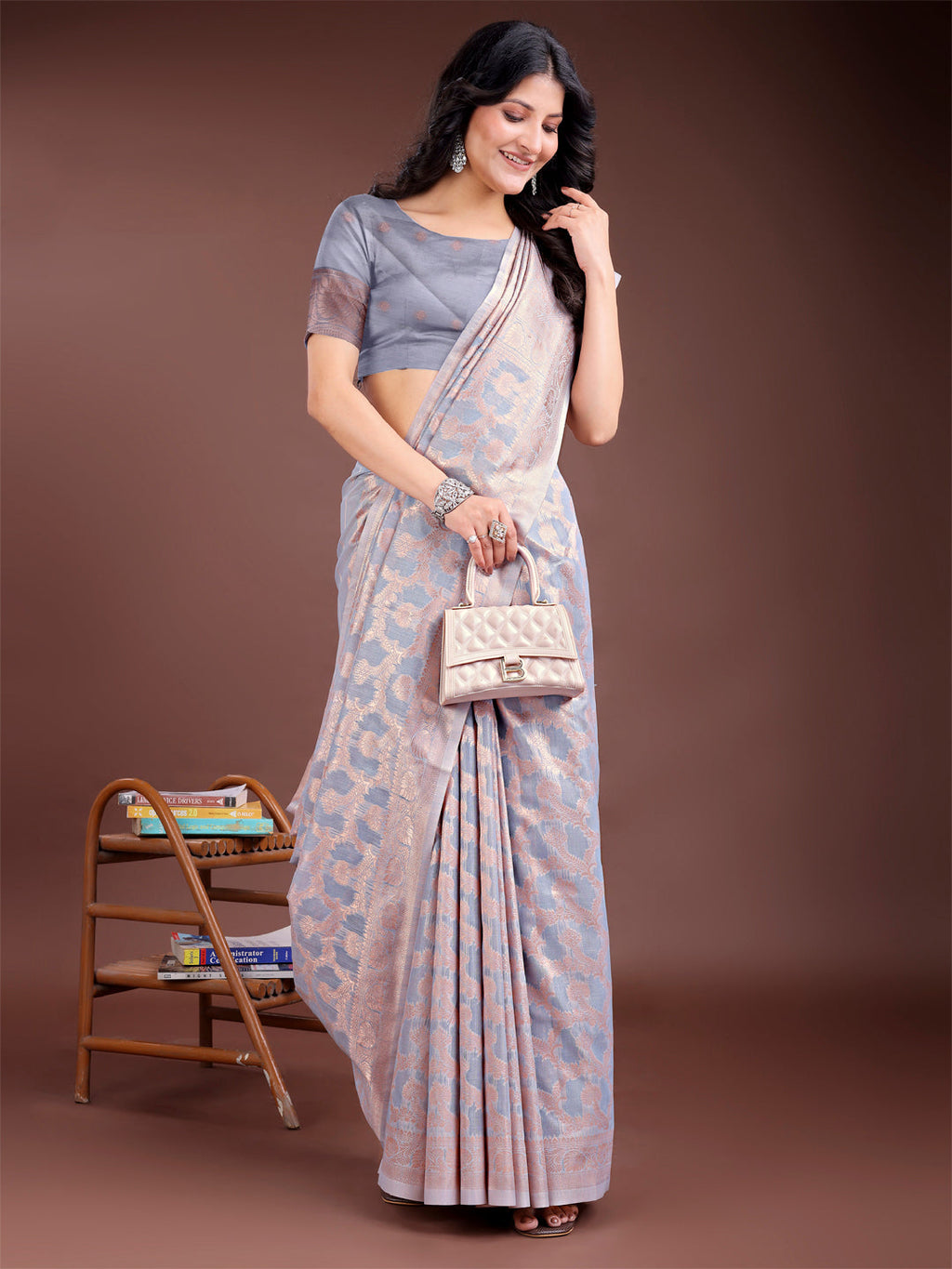 Shree Shyam Fashion Grey Linen Cotton Woven Zari Work Traditional Tassel Saree