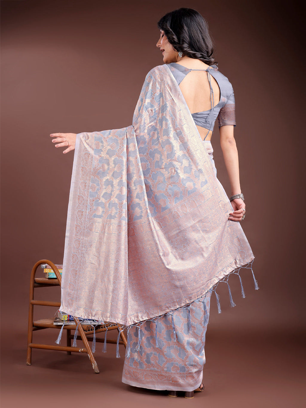 Shree Shyam Fashion Grey Linen Cotton Woven Zari Work Traditional Tassel Saree