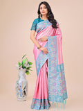 Shree Shyam Fashion Premium Pink & Sky Blue Floral Woven Lichi Silk Saree with Rich Pallu & Tassels - Festive & Party Wear for Women