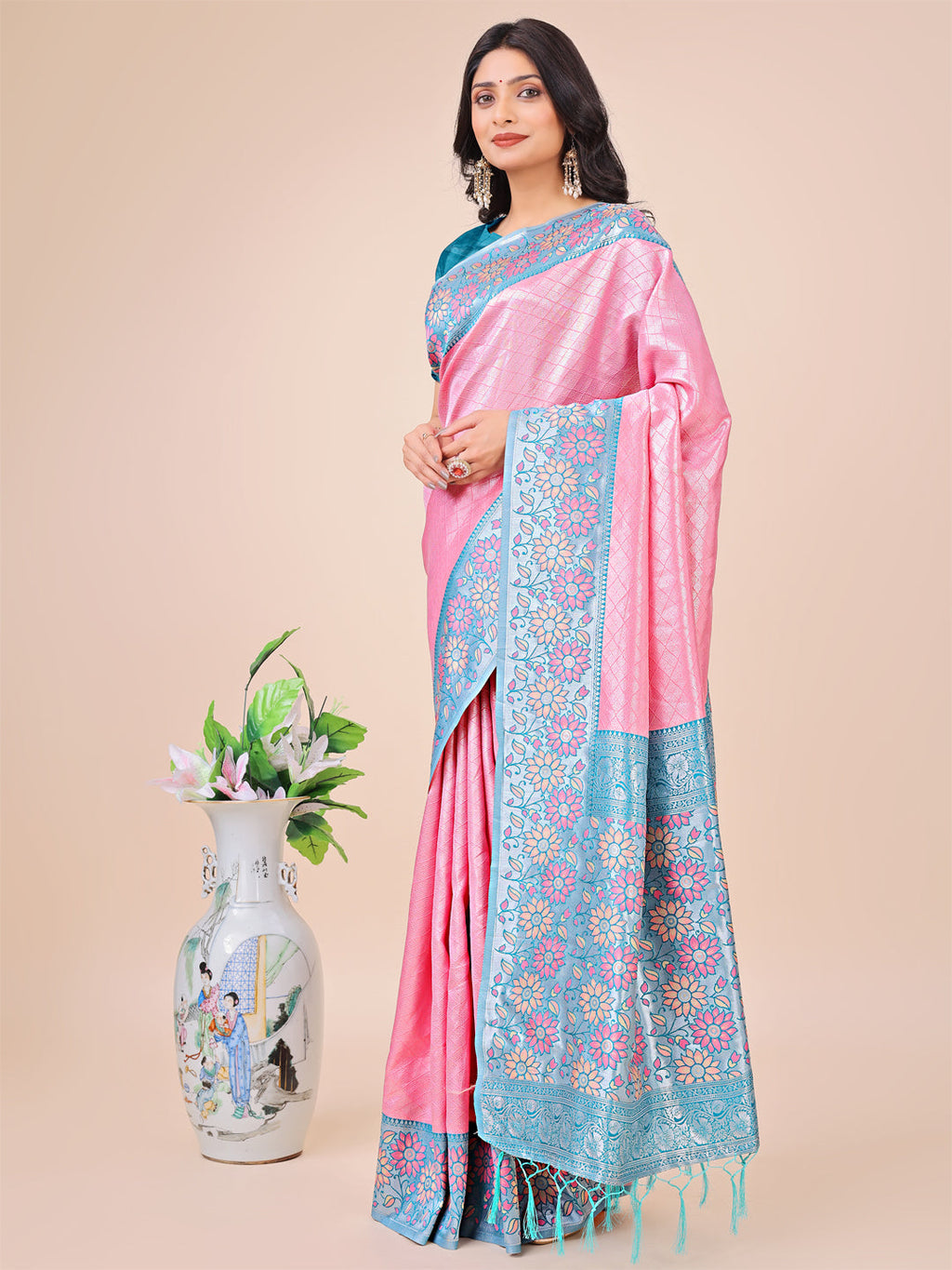 Shree Shyam Fashion Premium Pink & Sky Blue Floral Woven Lichi Silk Saree with Rich Pallu & Tassels - Festive & Party Wear for Women