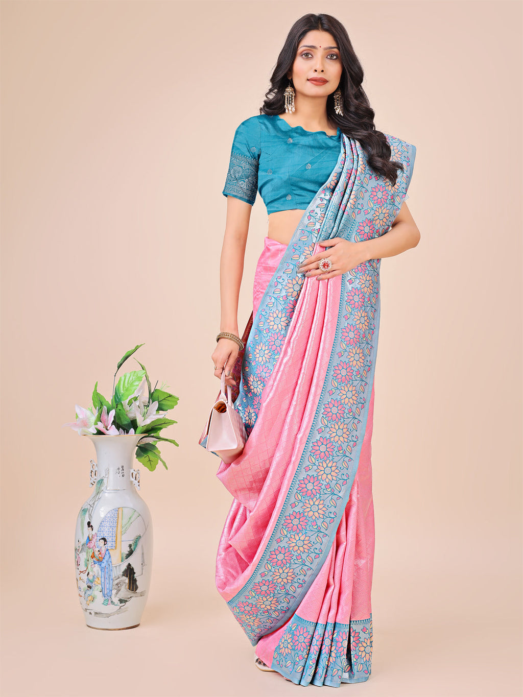 Shree Shyam Fashion Premium Pink & Sky Blue Floral Woven Lichi Silk Saree with Rich Pallu & Tassels - Festive & Party Wear for Women
