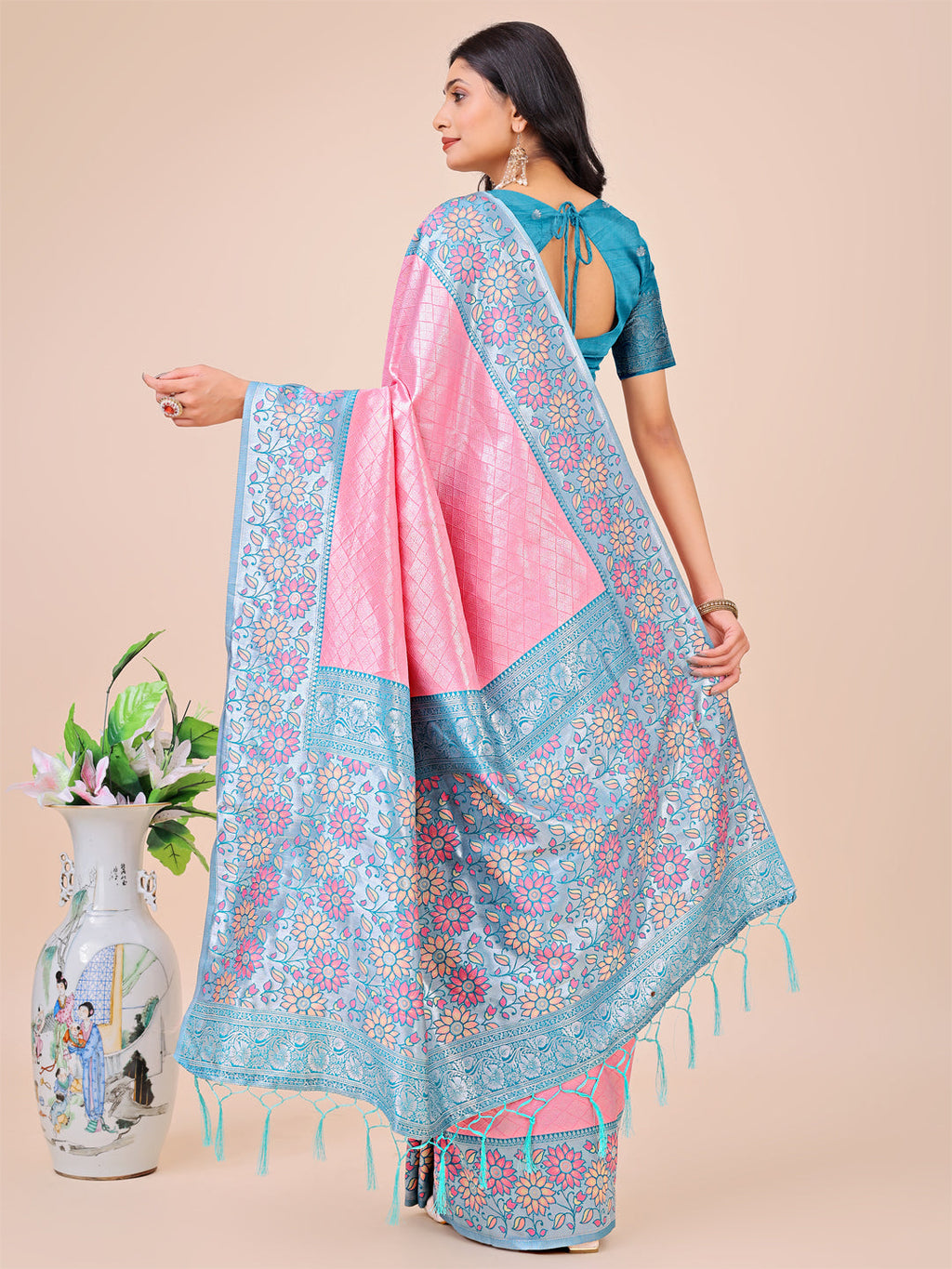 Shree Shyam Fashion Premium Pink & Sky Blue Floral Woven Lichi Silk Saree with Rich Pallu & Tassels - Festive & Party Wear for Women