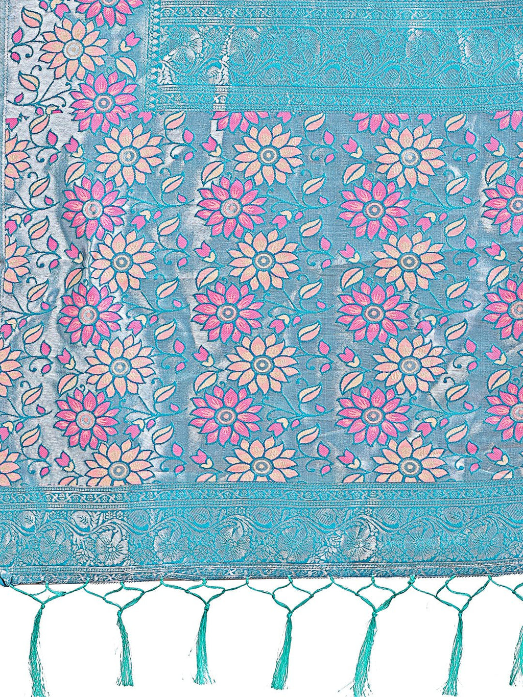 Shree Shyam Fashion Premium Pink & Sky Blue Floral Woven Lichi Silk Saree with Rich Pallu & Tassels - Festive & Party Wear for Women