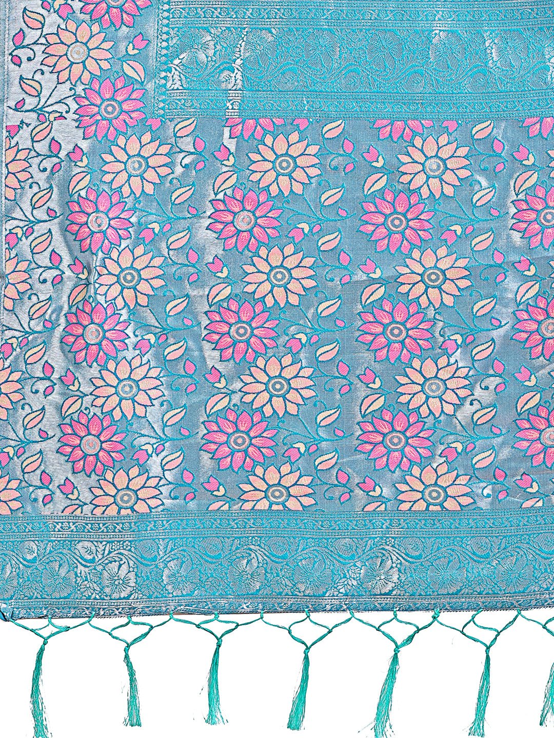 Shree Shyam Fashion Premium Pink & Sky Blue Floral Woven Lichi Silk Saree with Rich Pallu & Tassels - Festive & Party Wear for Women