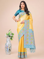 Shree Shyam Fashion Premium Yellow & Sky Blue Floral Woven Lichi Silk Saree with Rich Pallu & Tassels - Festive & Party Wear for Women