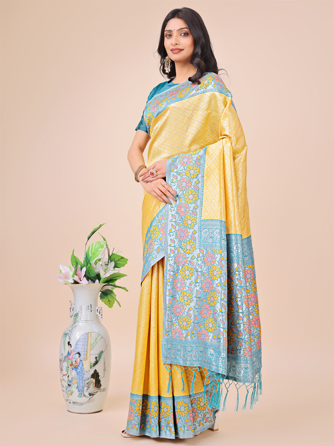 Shree Shyam Fashion Premium Yellow & Sky Blue Floral Woven Lichi Silk Saree with Rich Pallu & Tassels - Festive & Party Wear for Women
