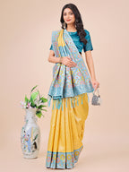 Shree Shyam Fashion Premium Yellow & Sky Blue Floral Woven Lichi Silk Saree with Rich Pallu & Tassels - Festive & Party Wear for Women