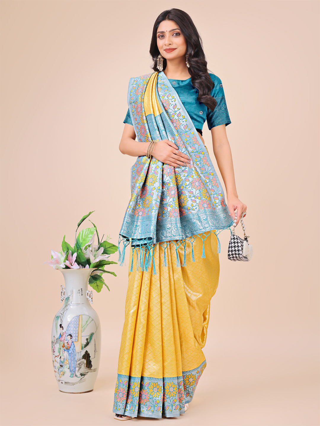 Shree Shyam Fashion Premium Yellow & Sky Blue Floral Woven Lichi Silk Saree with Rich Pallu & Tassels - Festive & Party Wear for Women