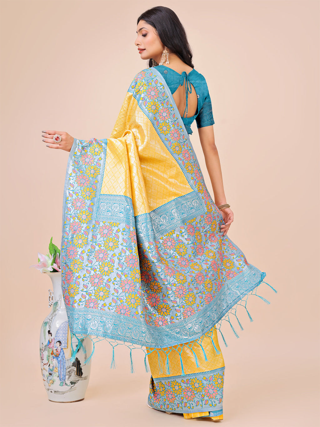 Shree Shyam Fashion Premium Yellow & Sky Blue Floral Woven Lichi Silk Saree with Rich Pallu & Tassels - Festive & Party Wear for Women