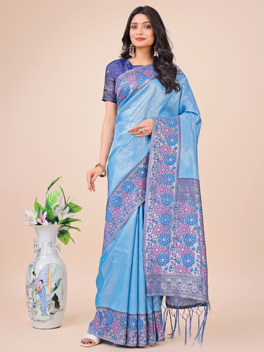 Shree Shyam Fashion Premium Sky Blue Floral Woven Lichi Silk Saree with Rich Pallu & Tassels - Festive & Party Wear for Women