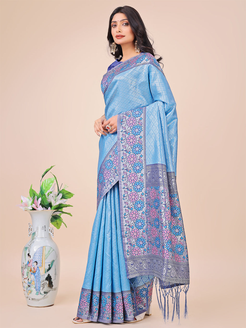 Shree Shyam Fashion Premium Sky Blue Floral Woven Lichi Silk Saree with Rich Pallu & Tassels - Festive & Party Wear for Women