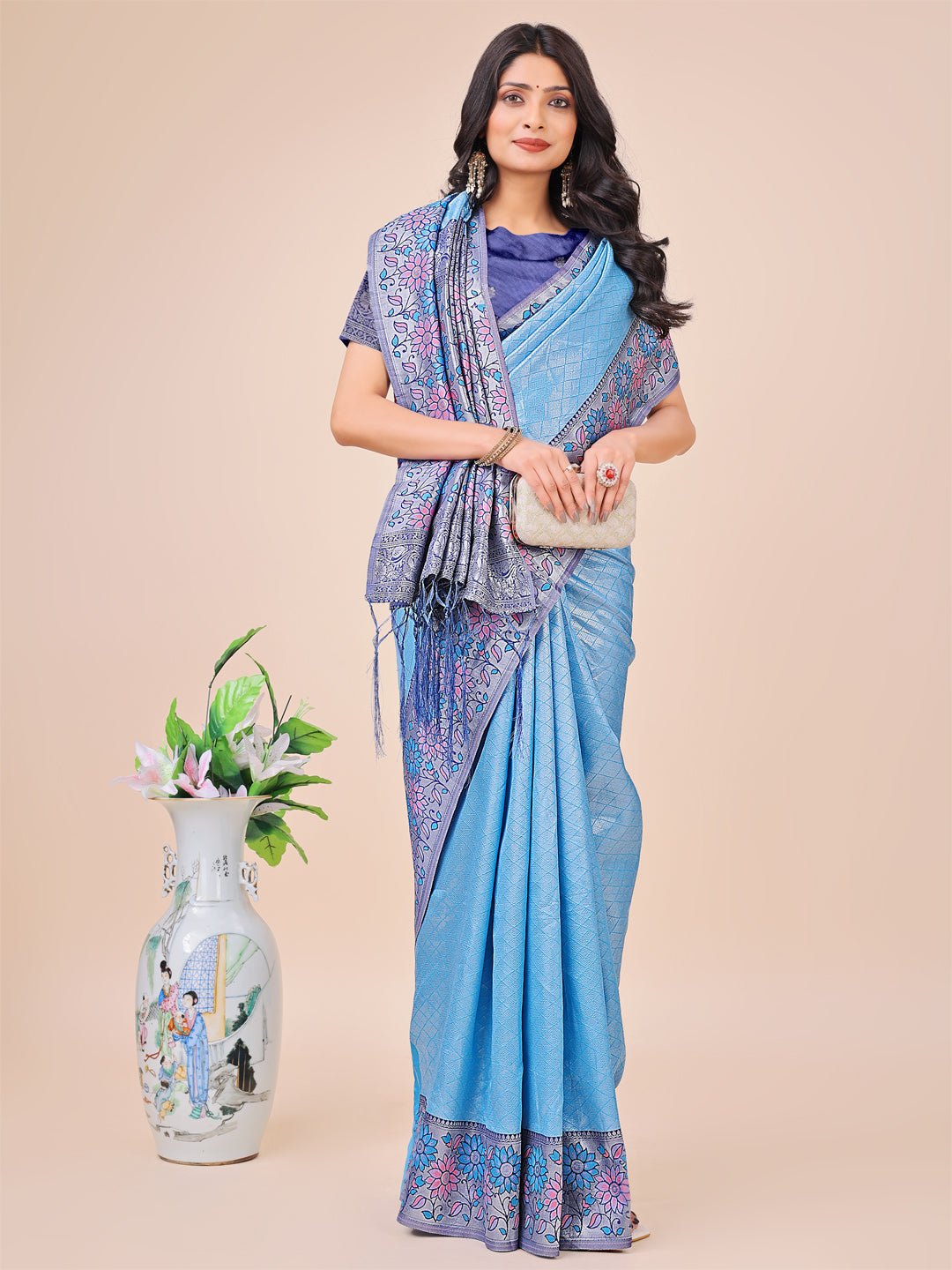 Shree Shyam Fashion Premium Sky Blue Floral Woven Lichi Silk Saree with Rich Pallu & Tassels - Festive & Party Wear for Women