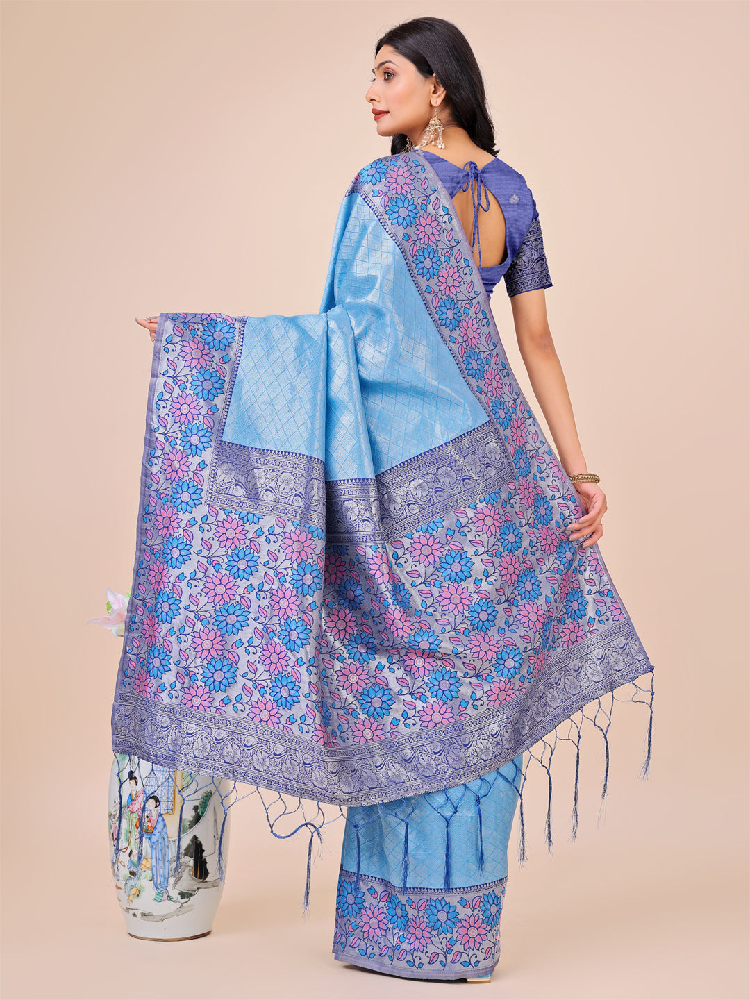 Shree Shyam Fashion Premium Sky Blue Floral Woven Lichi Silk Saree with Rich Pallu & Tassels - Festive & Party Wear for Women