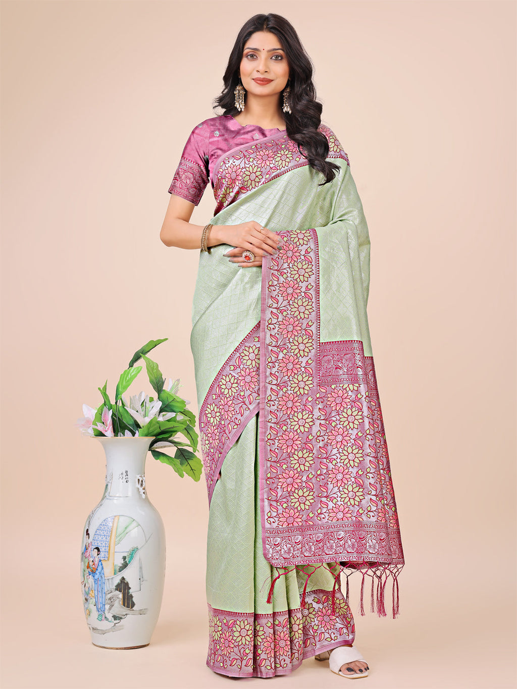 Shree Shyam Fashion Premium Olive Green & Pink Floral Woven Lichi Silk Saree with Rich Pallu & Tassels - Festive & Party Wear for Women