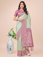 Shree Shyam Fashion Premium Olive Green & Pink Floral Woven Lichi Silk Saree with Rich Pallu & Tassels - Festive & Party Wear for Women