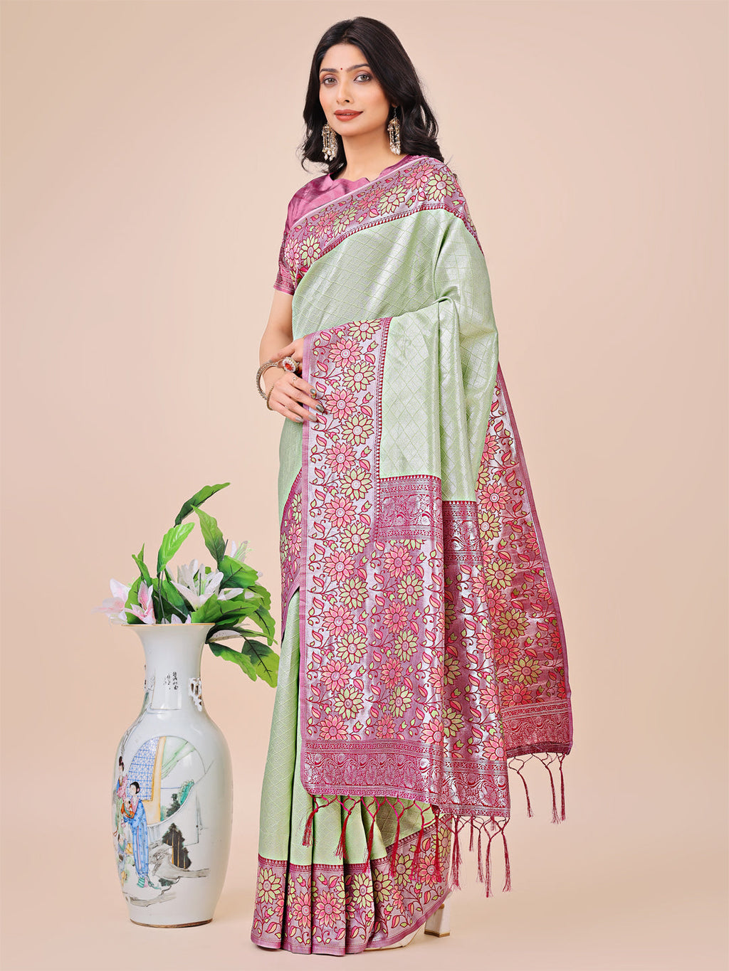 Shree Shyam Fashion Premium Olive Green & Pink Floral Woven Lichi Silk Saree with Rich Pallu & Tassels - Festive & Party Wear for Women