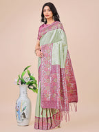 Shree Shyam Fashion Premium Olive Green & Pink Floral Woven Lichi Silk Saree with Rich Pallu & Tassels - Festive & Party Wear for Women