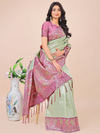 Shree Shyam Fashion Premium Olive Green & Pink Floral Woven Lichi Silk Saree with Rich Pallu & Tassels - Festive & Party Wear for Women