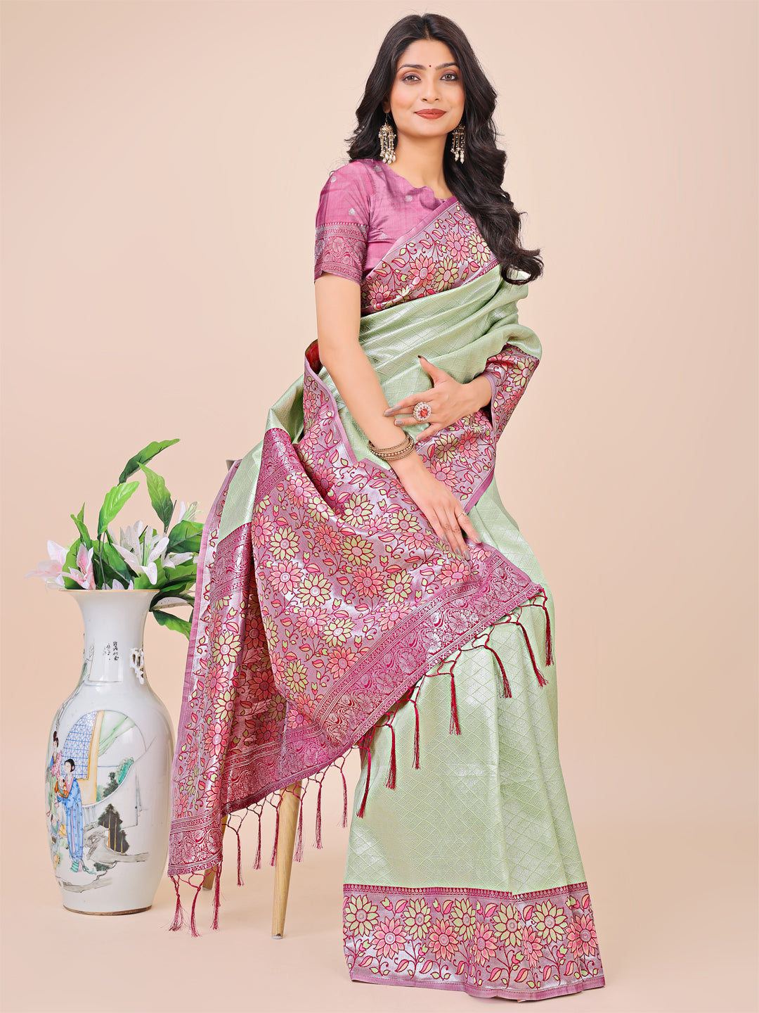 Shree Shyam Fashion Premium Olive Green & Pink Floral Woven Lichi Silk Saree with Rich Pallu & Tassels - Festive & Party Wear for Women