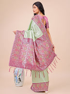 Shree Shyam Fashion Premium Olive Green & Pink Floral Woven Lichi Silk Saree with Rich Pallu & Tassels - Festive & Party Wear for Women