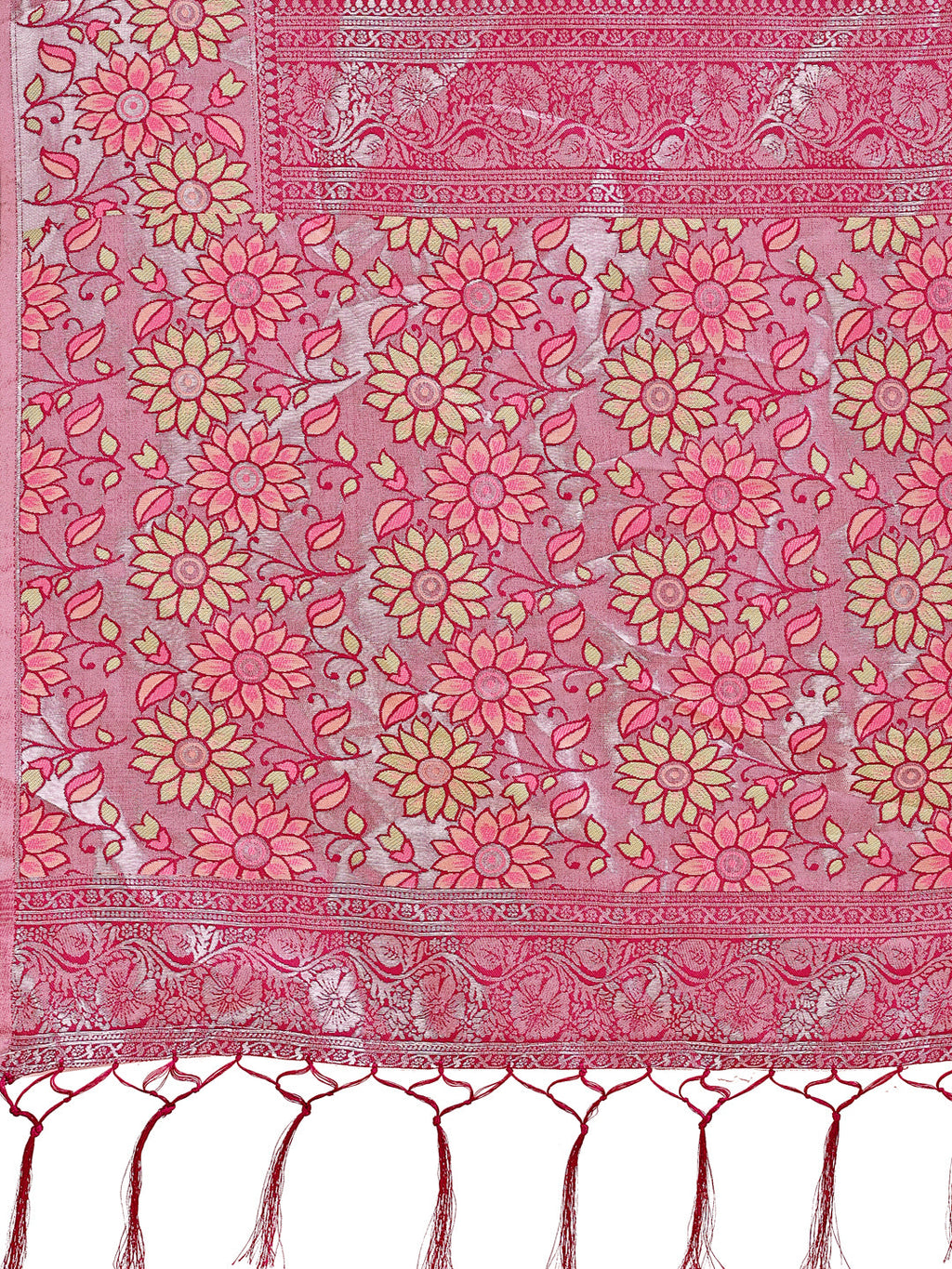 Shree Shyam Fashion Premium Olive Green & Pink Floral Woven Lichi Silk Saree with Rich Pallu & Tassels - Festive & Party Wear for Women