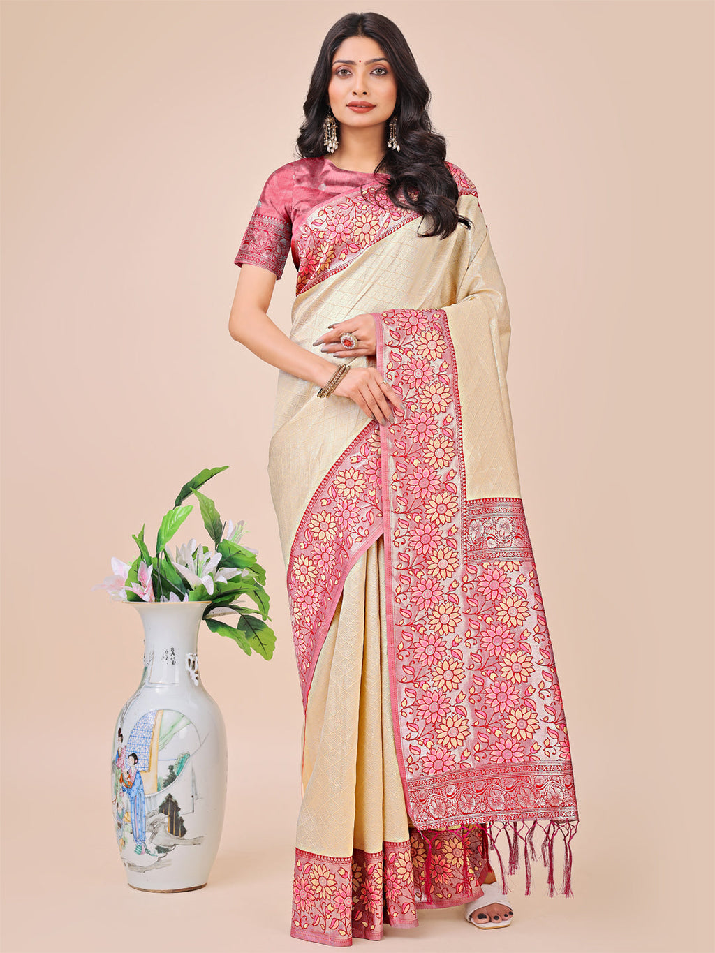 Shree Shyam Fashion Premium Cream & Red Floral Woven Lichi Silk Saree with Rich Pallu & Tassels - Festive & Party Wear for Women