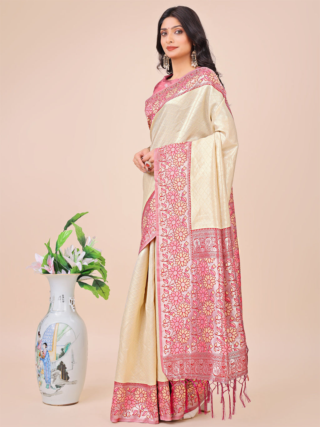 Shree Shyam Fashion Premium Cream & Red Floral Woven Lichi Silk Saree with Rich Pallu & Tassels - Festive & Party Wear for Women