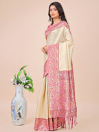 Shree Shyam Fashion Premium Cream & Red Floral Woven Lichi Silk Saree with Rich Pallu & Tassels - Festive & Party Wear for Women