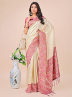 Shree Shyam Fashion Premium Cream & Red Floral Woven Lichi Silk Saree with Rich Pallu & Tassels - Festive & Party Wear for Women