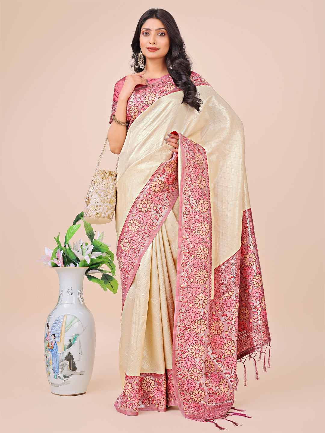 Shree Shyam Fashion Premium Cream & Red Floral Woven Lichi Silk Saree with Rich Pallu & Tassels - Festive & Party Wear for Women