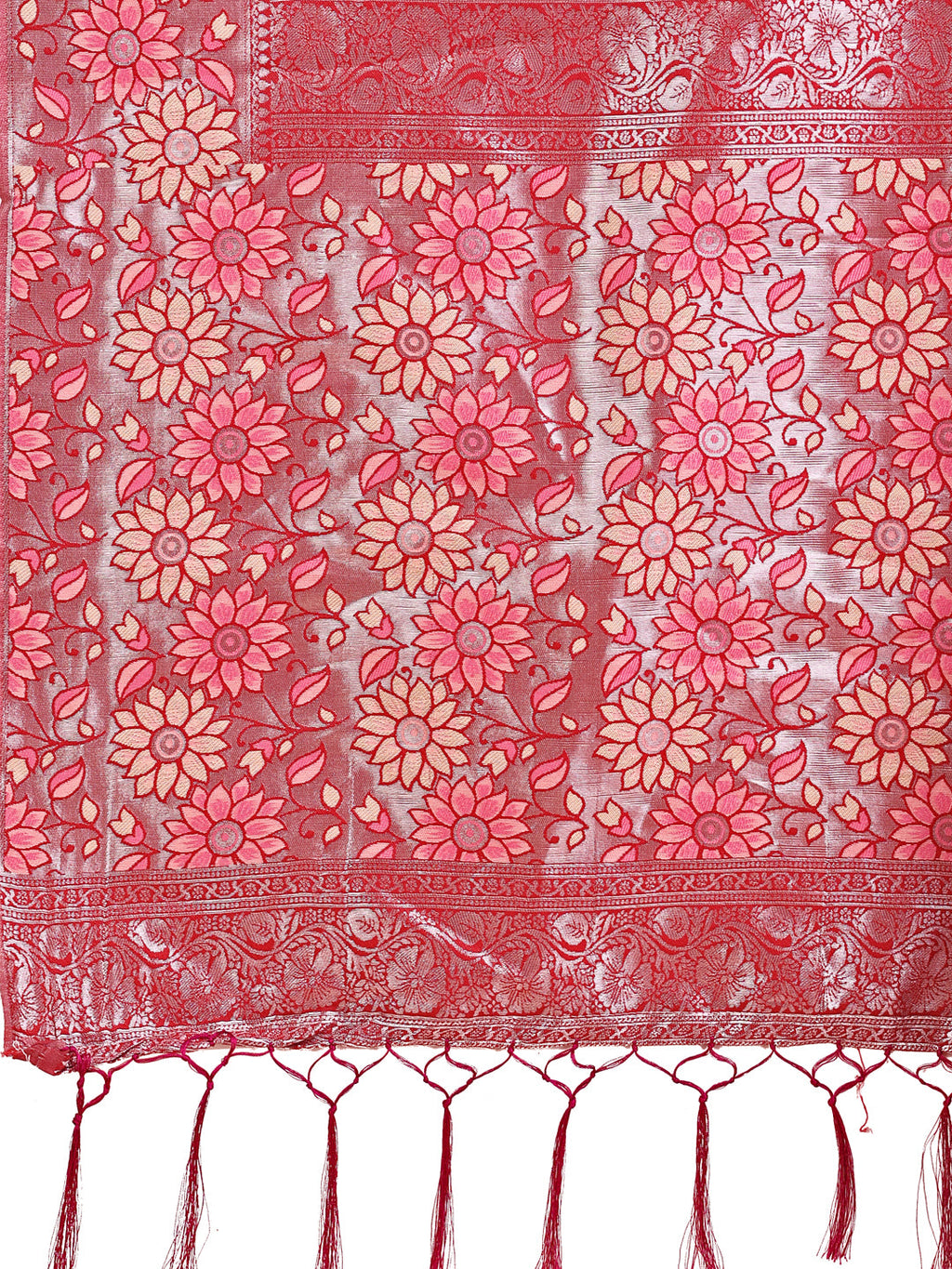 Shree Shyam Fashion Premium Cream & Red Floral Woven Lichi Silk Saree with Rich Pallu & Tassels - Festive & Party Wear for Women
