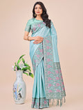 Shree Shyam Fashion Premium Teal & Green Floral Woven Lichi Silk Saree with Rich Pallu & Tassels - Festive & Party Wear for Women