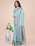 Shree Shyam Fashion Premium Teal & Green Floral Woven Lichi Silk Saree with Rich Pallu & Tassels - Festive & Party Wear for Women