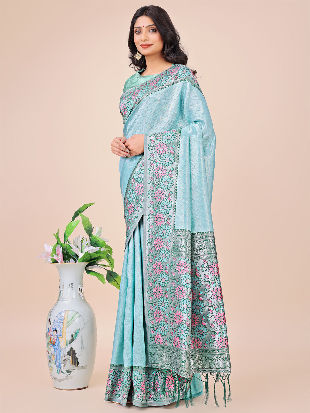 Shree Shyam Fashion Premium Teal & Green Floral Woven Lichi Silk Saree with Rich Pallu & Tassels - Festive & Party Wear for Women