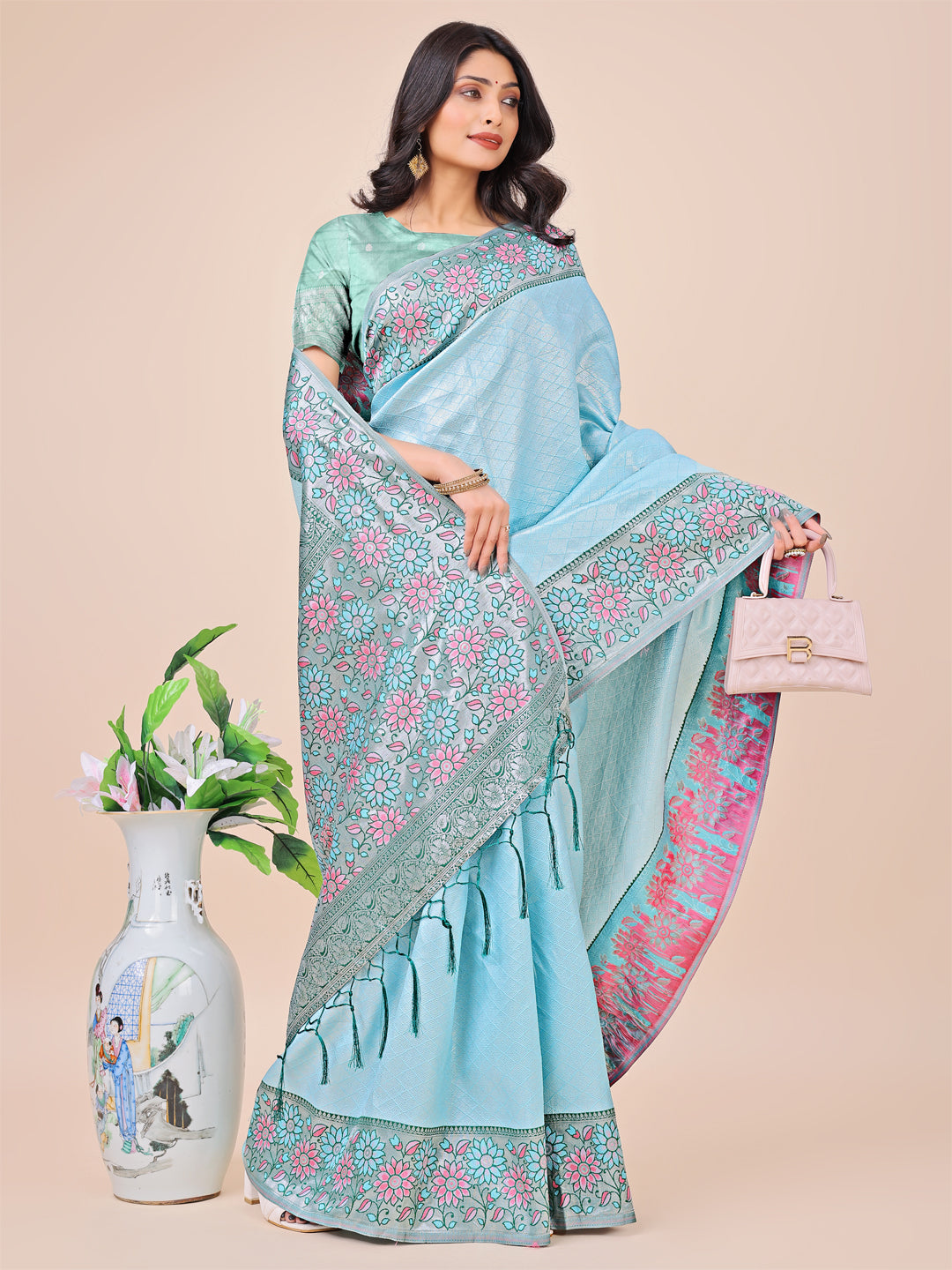 Shree Shyam Fashion Premium Teal & Green Floral Woven Lichi Silk Saree with Rich Pallu & Tassels - Festive & Party Wear for Women