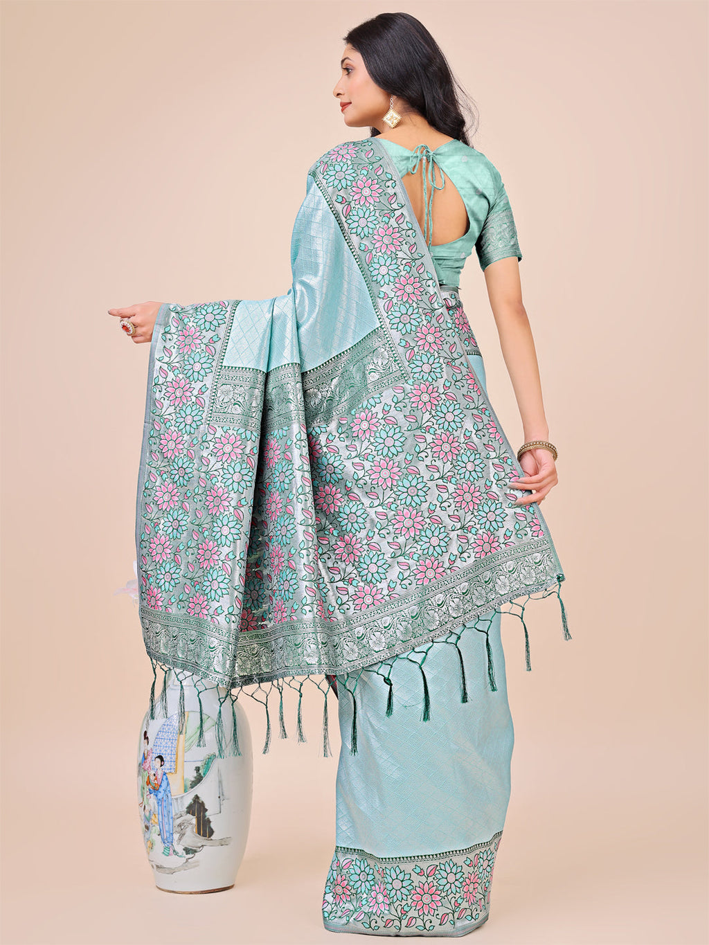 Shree Shyam Fashion Premium Teal & Green Floral Woven Lichi Silk Saree with Rich Pallu & Tassels - Festive & Party Wear for Women