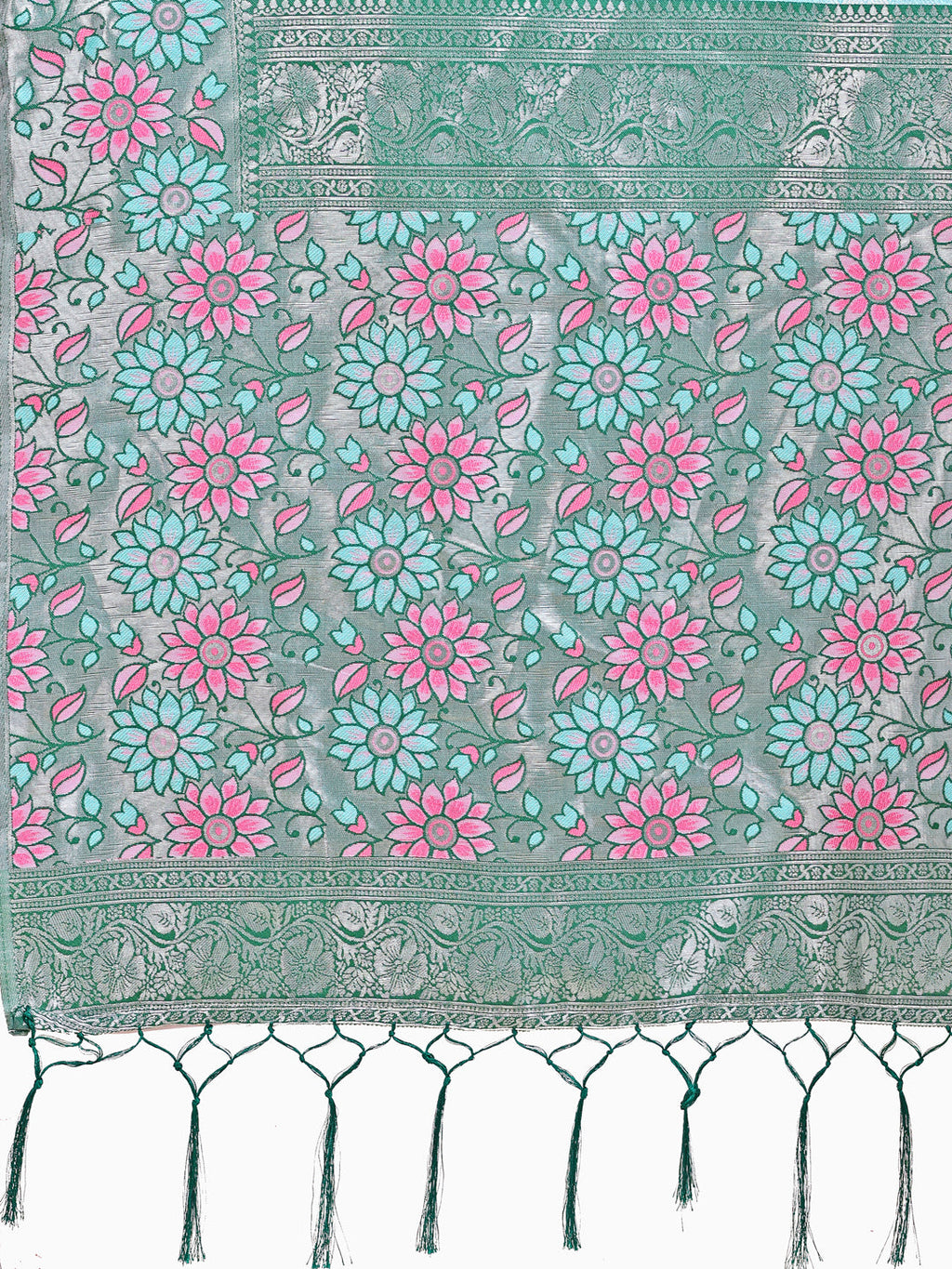 Shree Shyam Fashion Premium Teal & Green Floral Woven Lichi Silk Saree with Rich Pallu & Tassels - Festive & Party Wear for Women