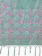 Shree Shyam Fashion Premium Teal & Green Floral Woven Lichi Silk Saree with Rich Pallu & Tassels - Festive & Party Wear for Women