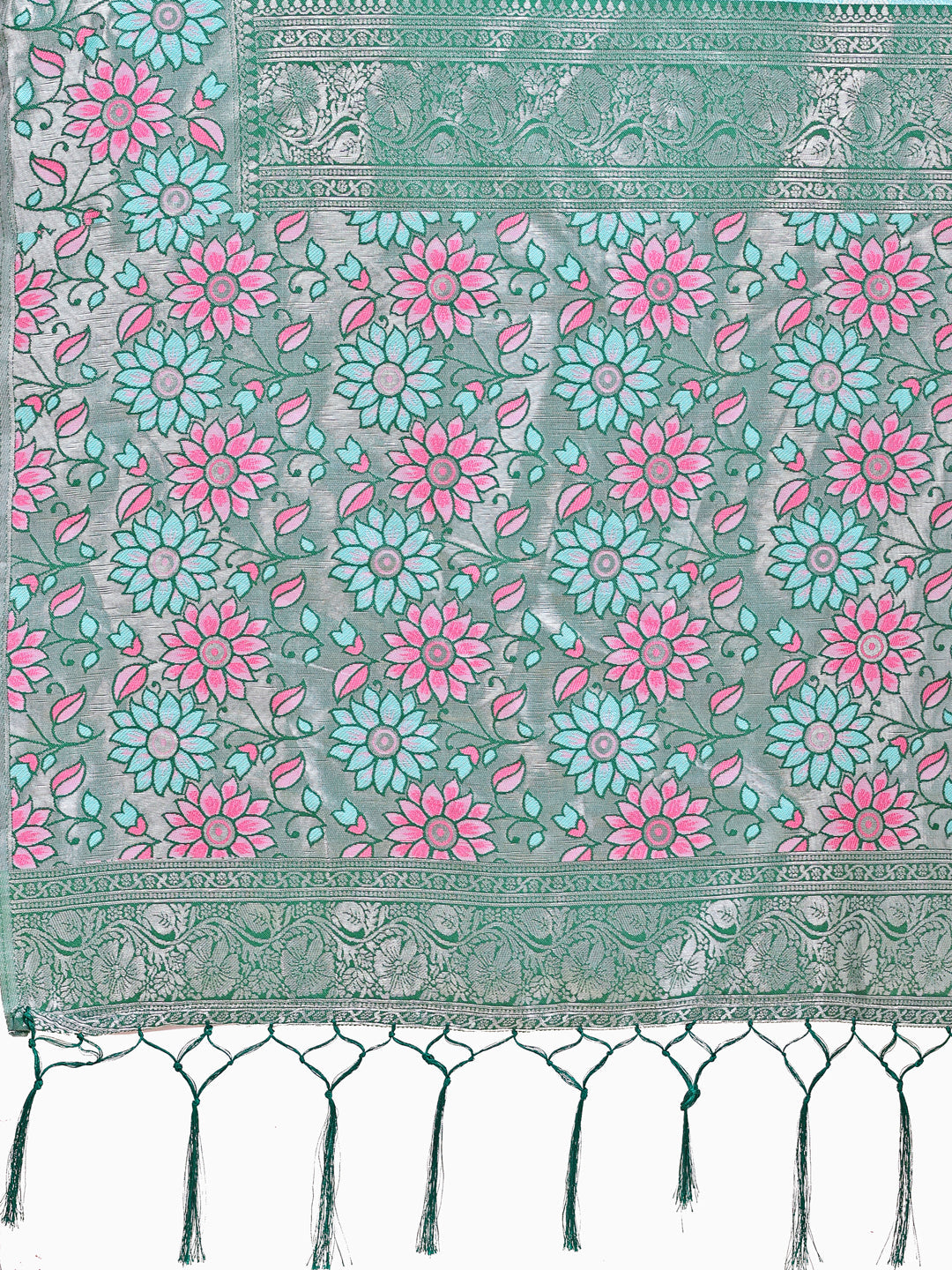Shree Shyam Fashion Premium Teal & Green Floral Woven Lichi Silk Saree with Rich Pallu & Tassels - Festive & Party Wear for Women