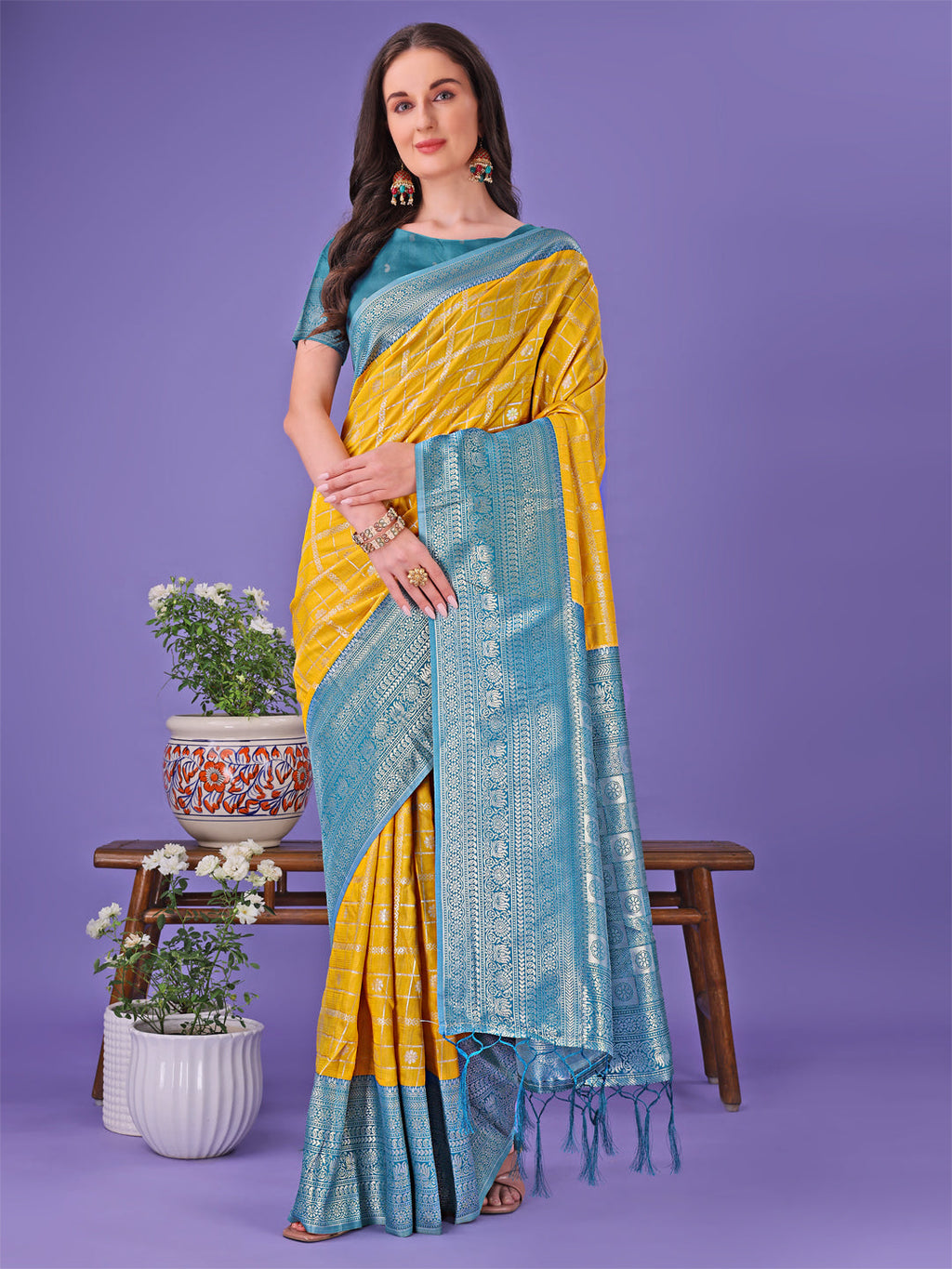 Shree Shyam Fashion Vibrant Yellow & Blue Lichi Silk Saree with Rich Woven Border and Contrast Blouse - Festive & Wedding Wear