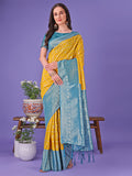 Shree Shyam Fashion Vibrant Yellow & Blue Lichi Silk Saree with Rich Woven Border and Contrast Blouse - Festive & Wedding Wear
