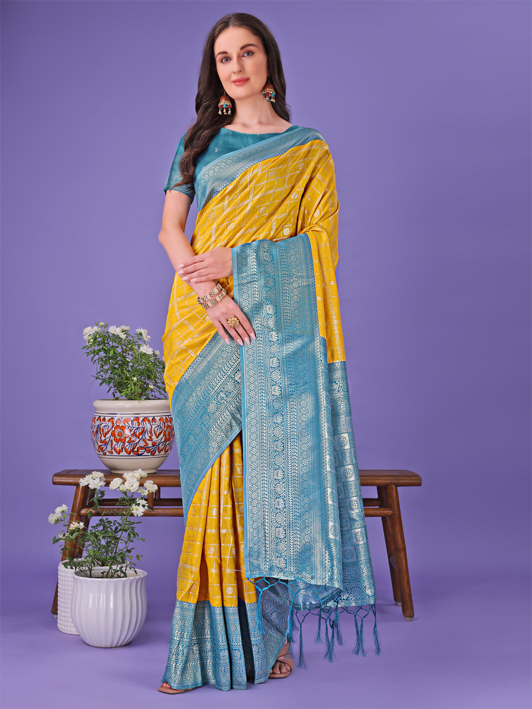Shree Shyam Fashion Vibrant Yellow & Blue Lichi Silk Saree with Rich Woven Border and Contrast Blouse - Festive & Wedding Wear