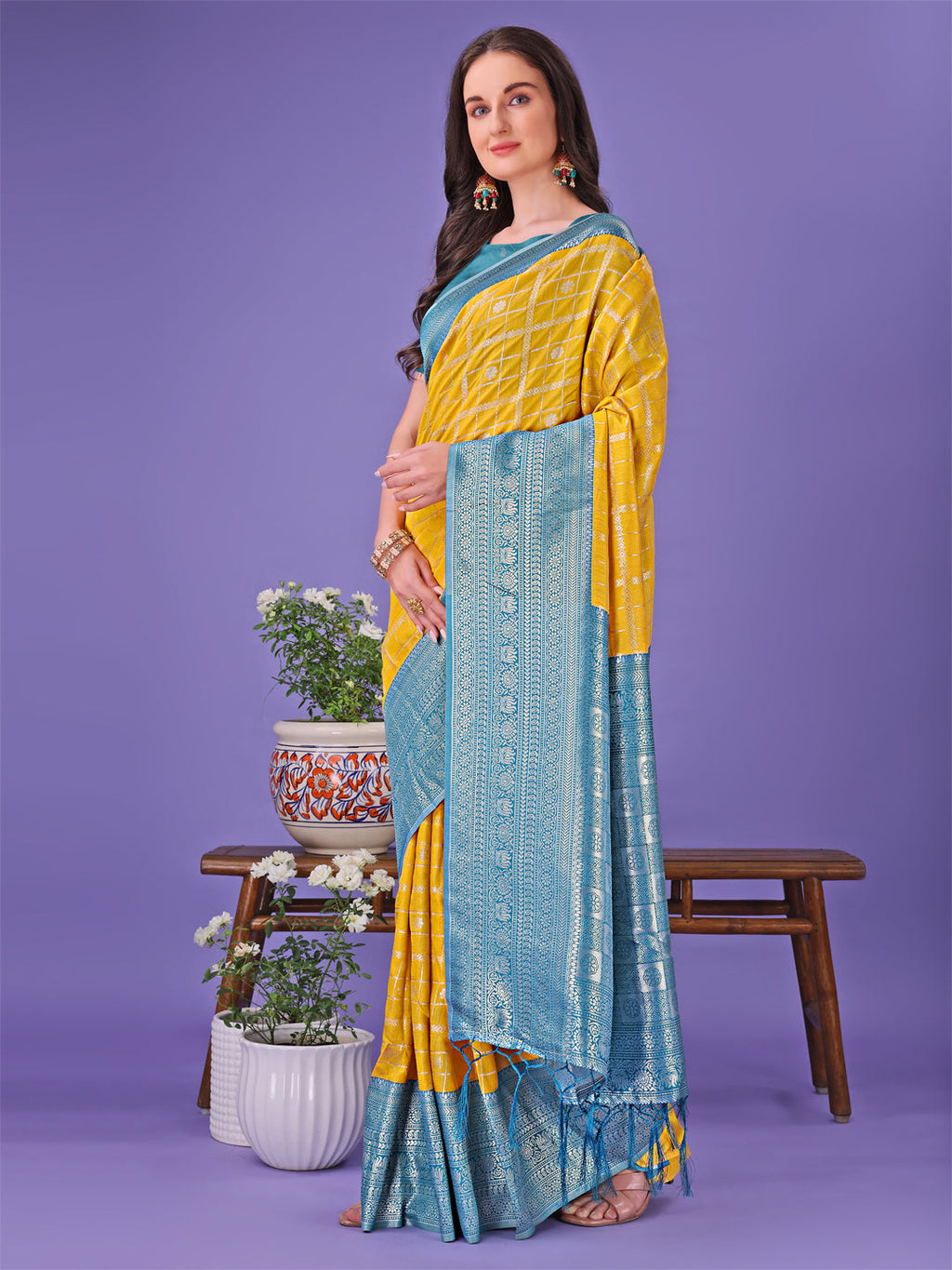 Shree Shyam Fashion Vibrant Yellow & Blue Lichi Silk Saree with Rich Woven Border and Contrast Blouse - Festive & Wedding Wear