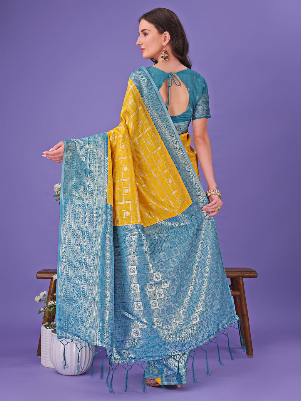 Shree Shyam Fashion Vibrant Yellow & Blue Lichi Silk Saree with Rich Woven Border and Contrast Blouse - Festive & Wedding Wear