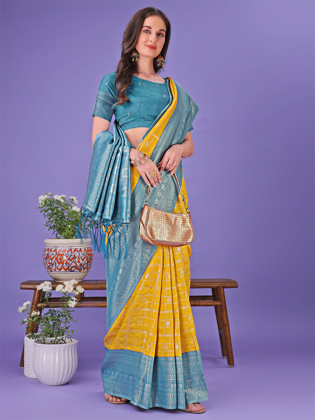 Shree Shyam Fashion Vibrant Yellow & Blue Lichi Silk Saree with Rich Woven Border and Contrast Blouse - Festive & Wedding Wear