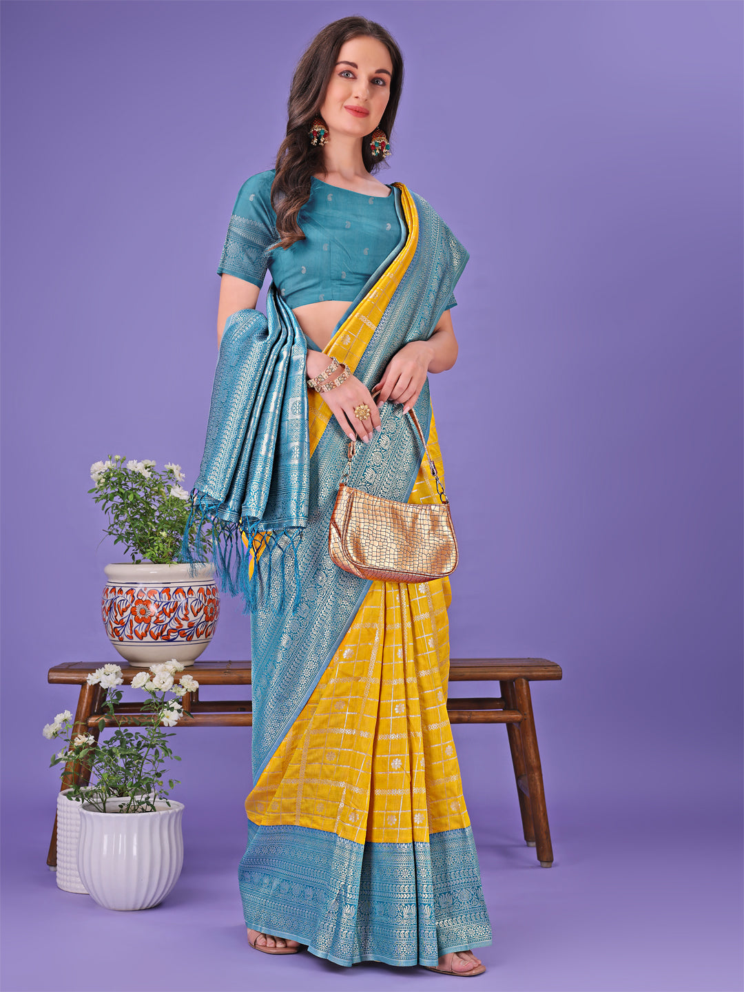 Shree Shyam Fashion Vibrant Yellow & Blue Lichi Silk Saree with Rich Woven Border and Contrast Blouse - Festive & Wedding Wear
