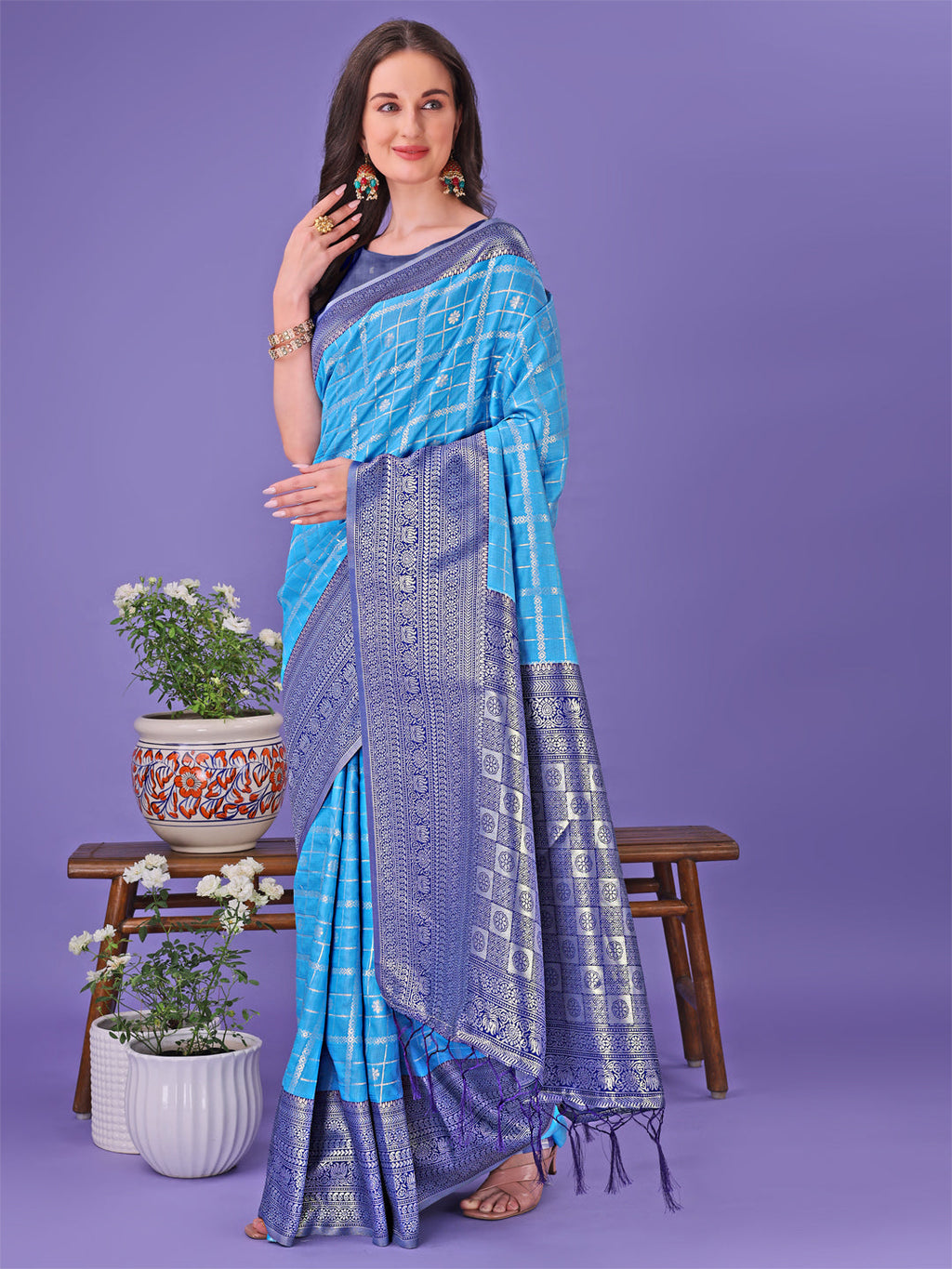 Shree Shyam Fashion Vibrant Sky Blue & Blue Lichi Silk Saree with Rich Woven Border and Contrast Blouse - Festive & Wedding Wear