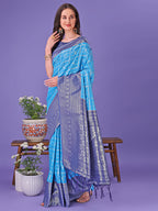 Shree Shyam Fashion Vibrant Sky Blue & Blue Lichi Silk Saree with Rich Woven Border and Contrast Blouse - Festive & Wedding Wear