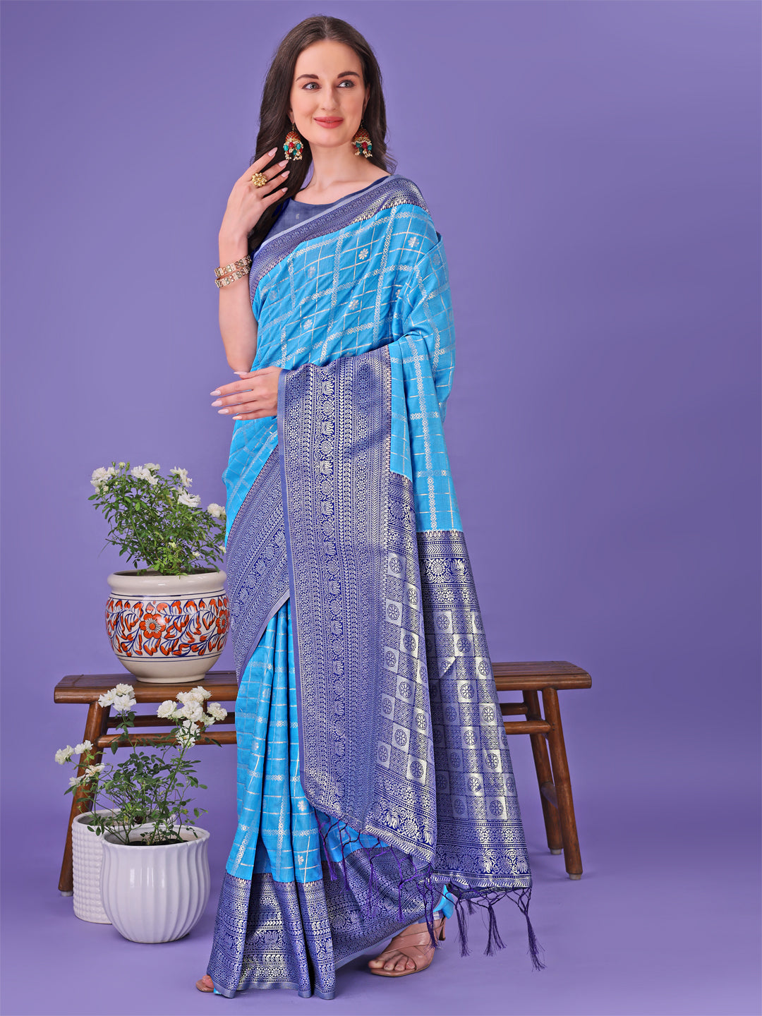 Shree Shyam Fashion Vibrant Sky Blue & Blue Lichi Silk Saree with Rich Woven Border and Contrast Blouse - Festive & Wedding Wear